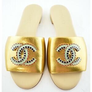 Chanel 19A Gold Laminated Lambskin CC Red Logo Slide Slip On Sandal Mule Flat 36
